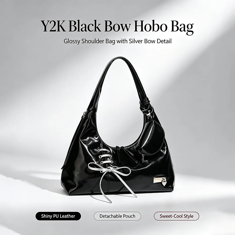 Y2k Girls Hobo Shoulder Bag, Lace‑Up Bow Handbag With Mini Purse,Korean Soft Pu Underarm Tote Bag For Women Daily Party Use - view 3