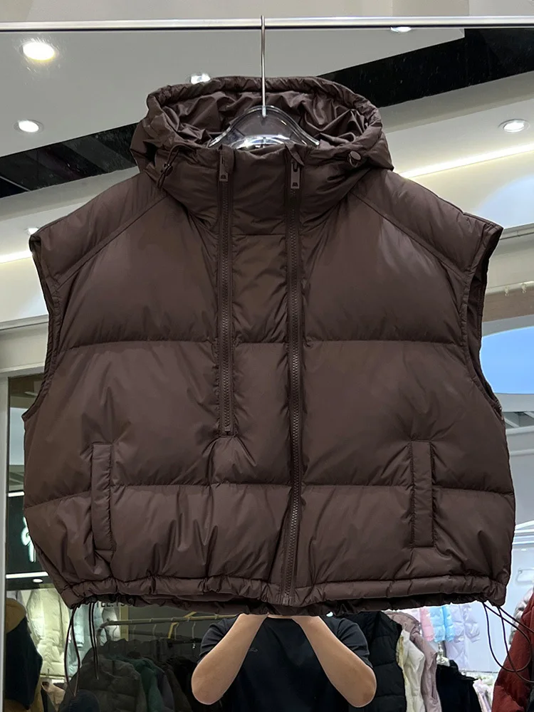 2024 New Women 90% White Duck Down Vest With Hood Autumn Winter Warm Over Size Casual Sleeveless Female Puffer Jacket