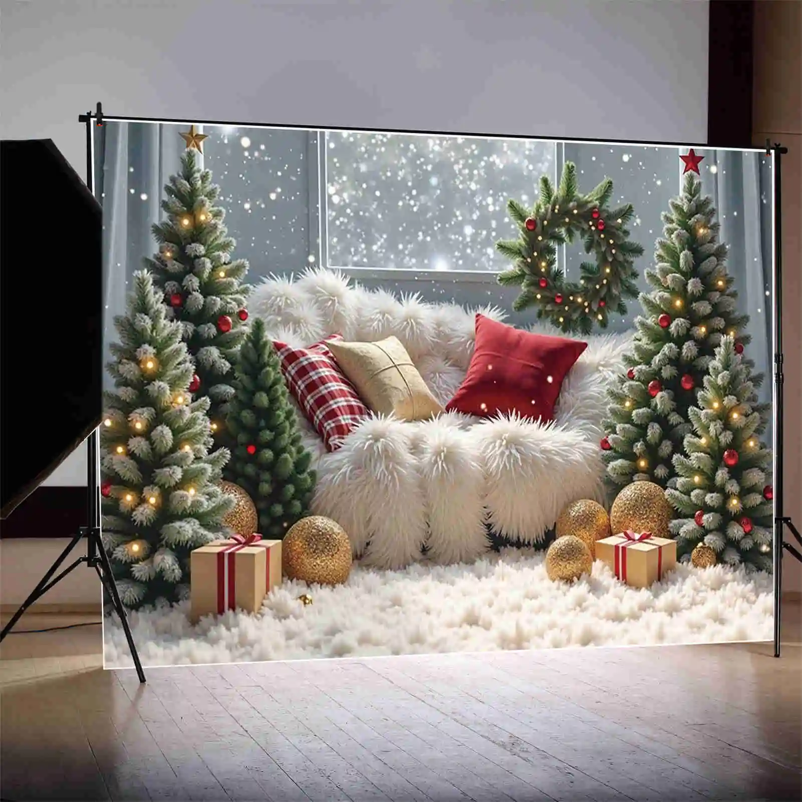 MOON.QG 2024 크리스마스 사진 배경 방, 새해 크리스마스 트리 포토존 배경, 어린이 스튜디오 포토부스 용품