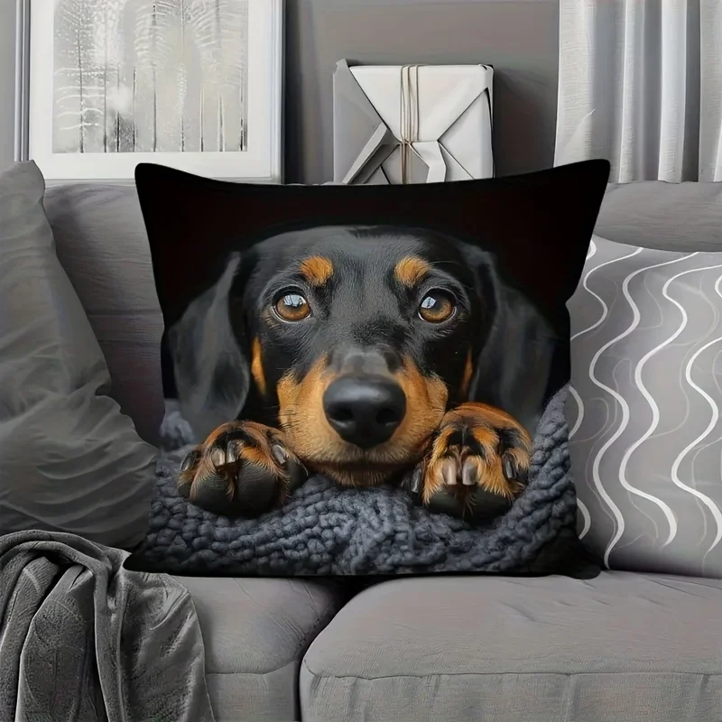 1pcs Realistic Dachshund Dog Pillow Cover 45x45cm Square Dual-Side Print Decor Cushion Case Zipper Washable No Insert