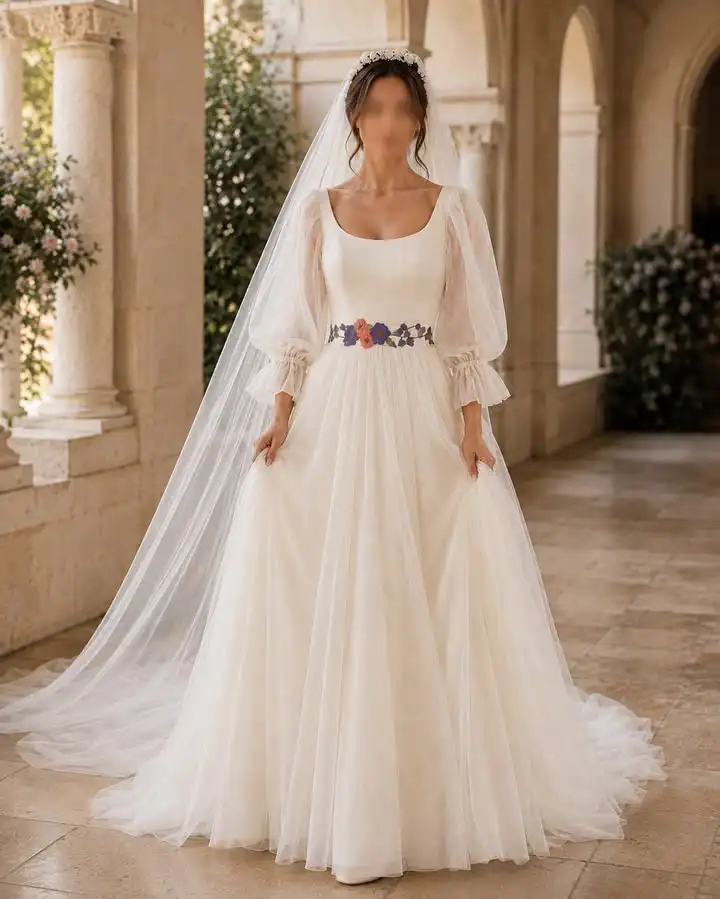 Customized Square Neck Long Puff Sleeve A‑Line Wedding Dress Floral Embroidery Bridal Gown Backless Garden vestidos de novia