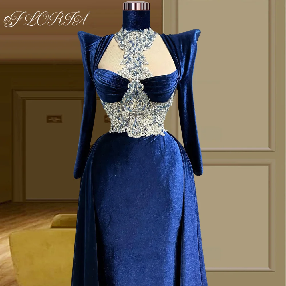 Custom Made Velvet Muslim Mermaid Evening Dresses with Overskirt Long Sleeves High Neck Middle East Woman Formal Party Gowns