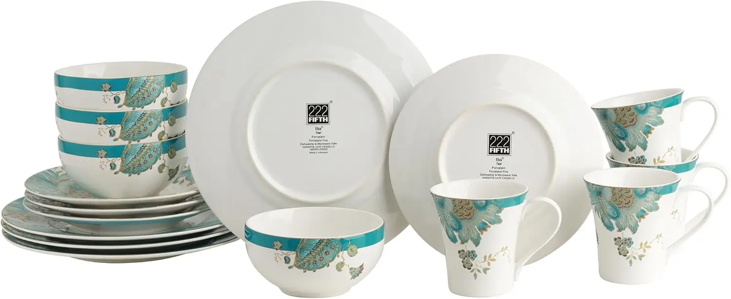 16-Piece Porcelain Dinnerware Set for 4, Floral Plates & Bowls, Chip Resistant, Microwave & Dishwasher Safe