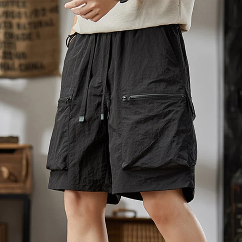 Calça curta masculina de secagem rápida, roupa de trabalho ao ar livre, verão, sensação legal, retrô, falsa, casual, comprimento de cinco quartos, calça de moletom