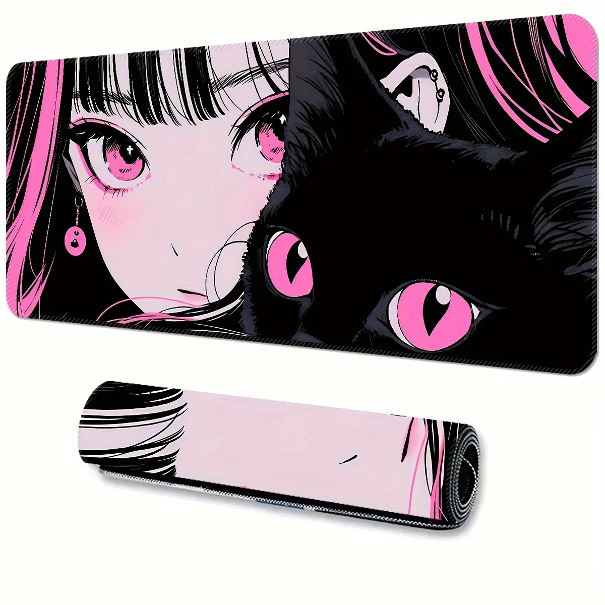 Gaming Mouse Pad Anime Black Cat Eyes Setup Gaming Keyboard Long Pad Computer Desk Mat Large Rug Office Gadgets Kawaii Laptop