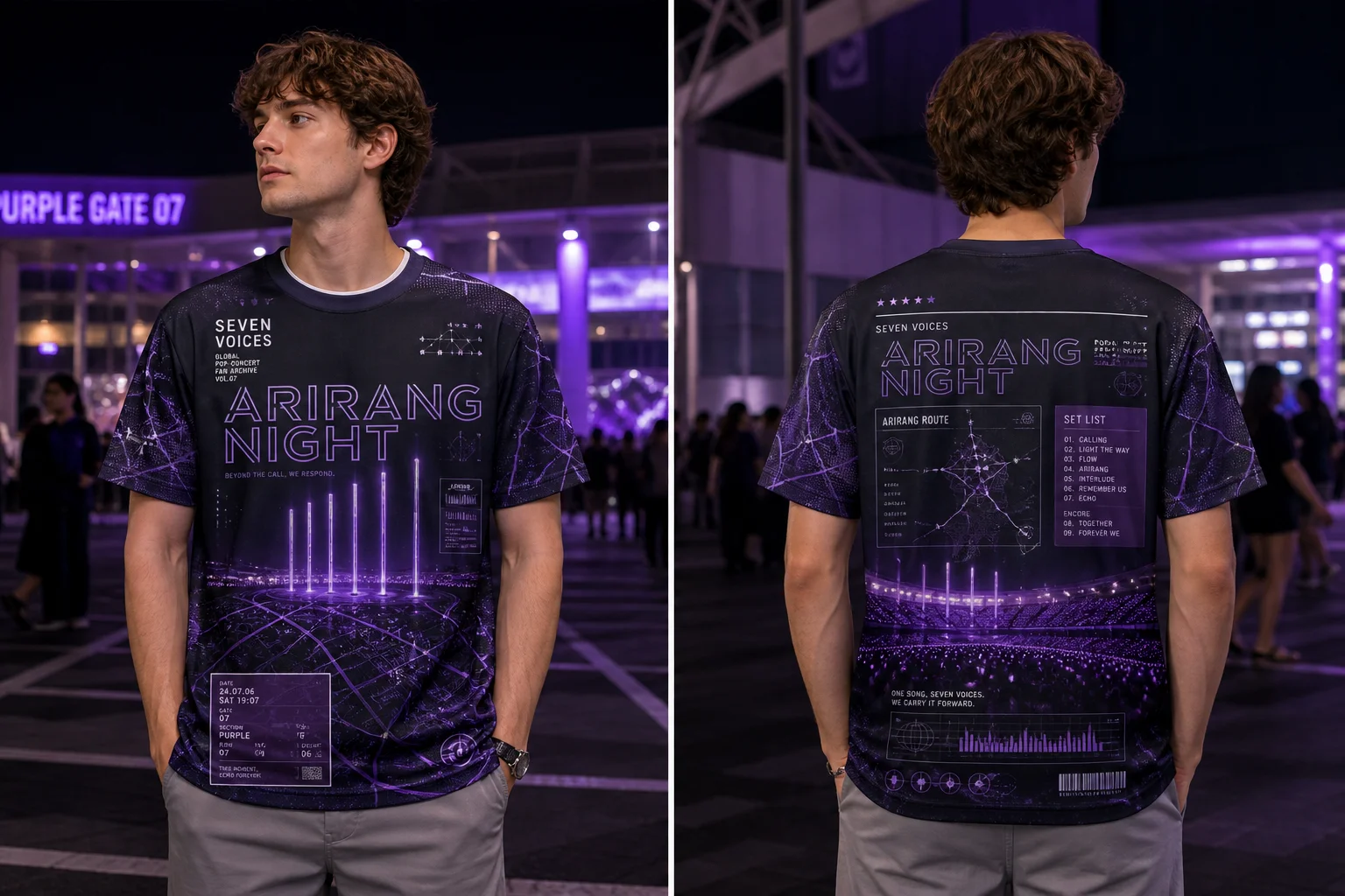 Seven Voices World Archive Tour T‑Shirt Fan Night Concert Graphic Tee, Purple Galaxy Map Print, Unisex Breathable Short Sleeve
