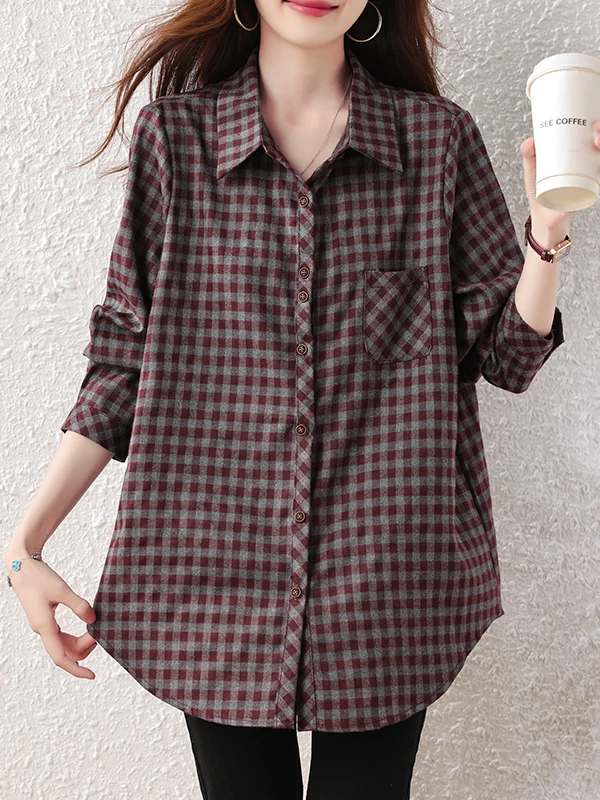 Women's Casual Fashionable Plaid Shirt 2026 Autumn New Style Korean Version Slimming Flannel Short Sleeve Polyester Fiber