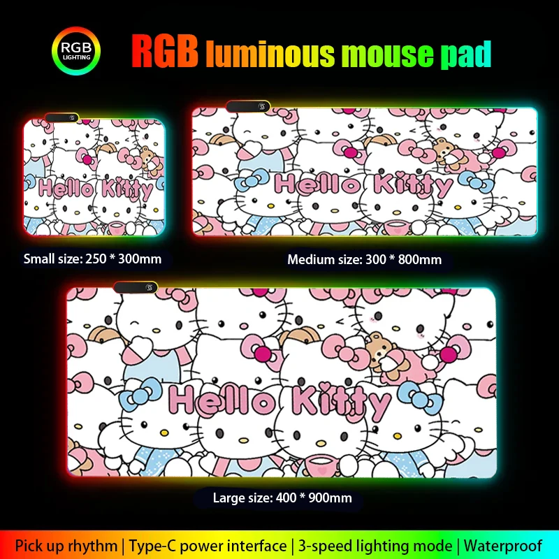 Sanrio Cute Hello Kitty RGB Luminous Mousepad HD Computer Gamers Locking Edge Non-slip Mouse Pad 90x40cm Keyboard PC Desk Pad