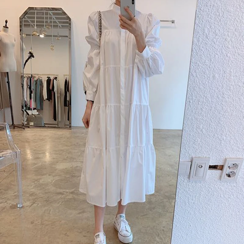 E y Chic Vestido Csero con Cuello Alto y Mangas Abullonadas, Falda Larga, Estilo Hoado para Mujer, Versión Corean...