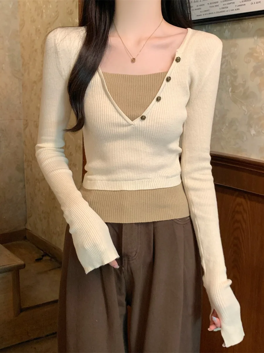 

Женский облегающий трикотажный топ с V-образным вырезом и длинными рукавами, базовый слой, новинка весны, в стиле колор-блок, имитация двухслойности, корейский стиль