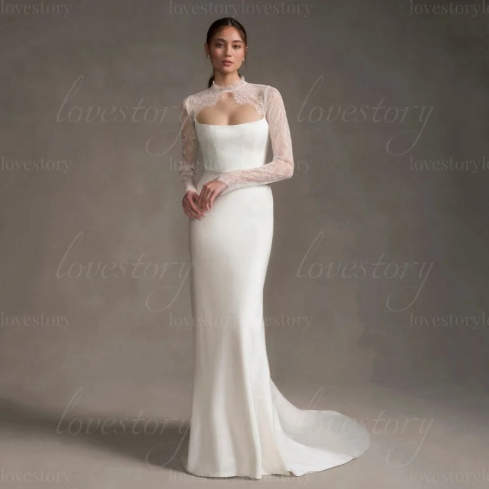 

Classic Mermaid Customized Wedding Dresses Lace Elegant Bridal Gowns Long Sleeve Button Bride Dress Vestidos De Noiva