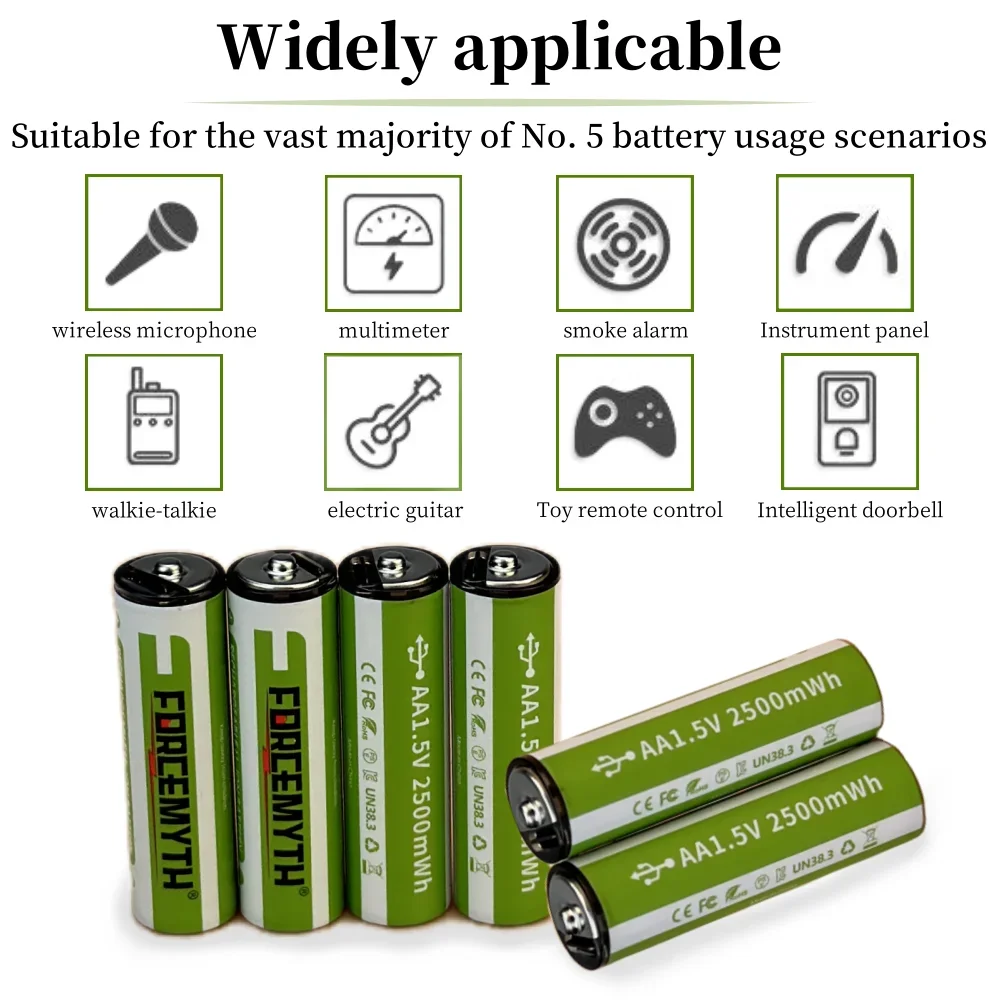 AA 1.5V 2500mWh Rechargeable Lithium Battery  Type C USB Charging Suitable for Remote control, flashlight, electric toy etc