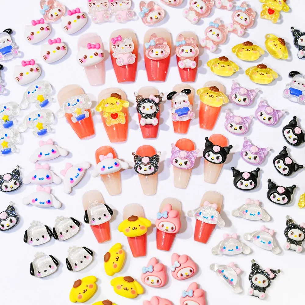 10Pcs/Bag Cartoon HelloKitty Nail Accessories Hand-painted Resin Cute Kuromi Pochacco Cinnamon Melody Y2K Nail Charms Decoration