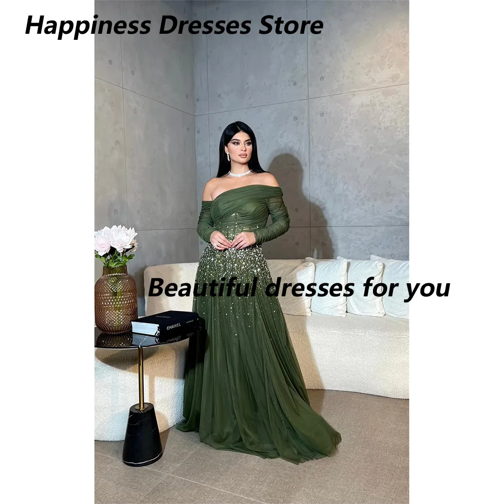 Vestidos de noche elegantes personalizados con hombros descubiertos, lentejuelas, mangas largas, vestidos de fiesta hasta el suelo, vestidos de fiesta de Arabia Saudita ﻿