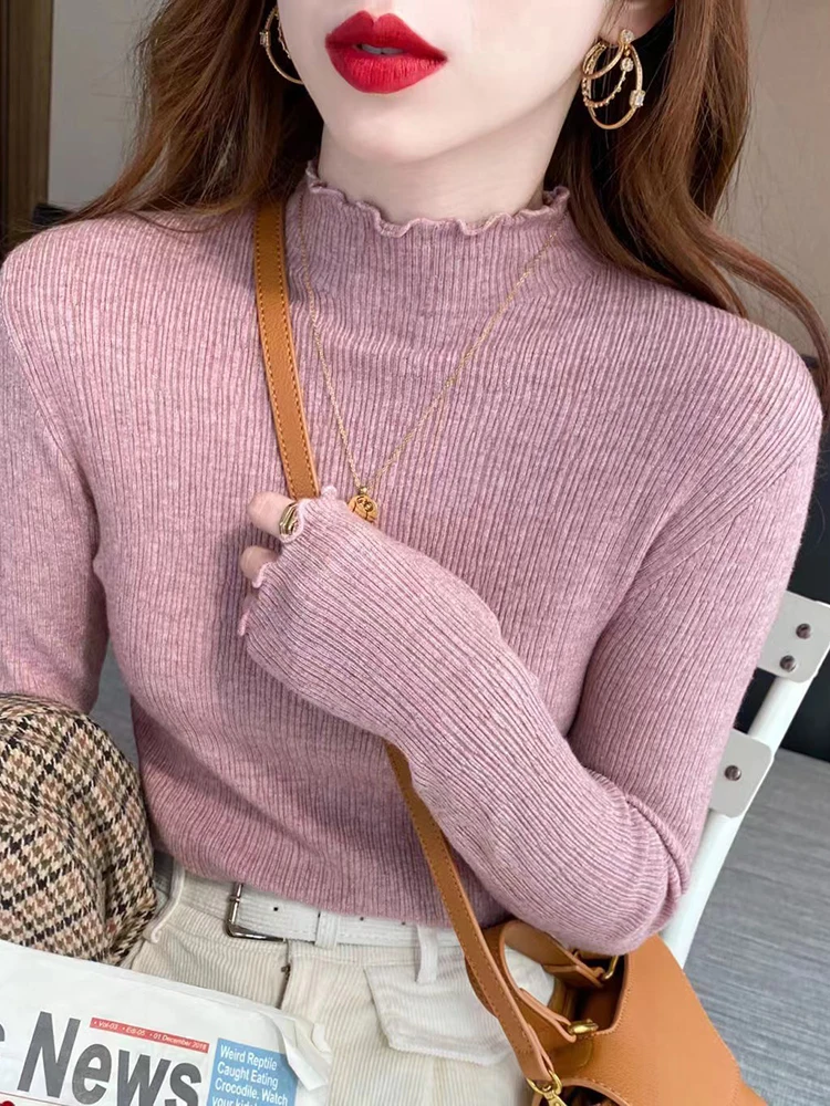 Autumn Winter Sweater Women Knitted Ribbed Pullover 2024 Sweater Long Sleeve Ruffles Turtleneck Slim Jumper Soft Warm Pull Femme