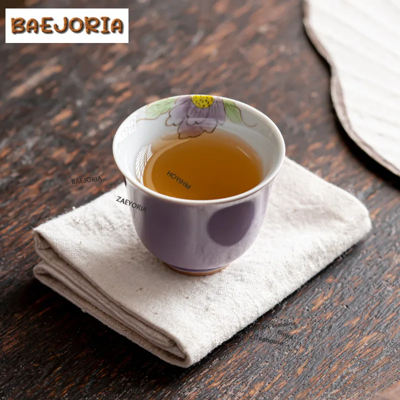 50ml Hand-painted Hibiscus Purple Teacup Traditional Tea Bowl Sample Tea Cup Tea-tasting Smelling Cup Jianzhan Master Cups Tea