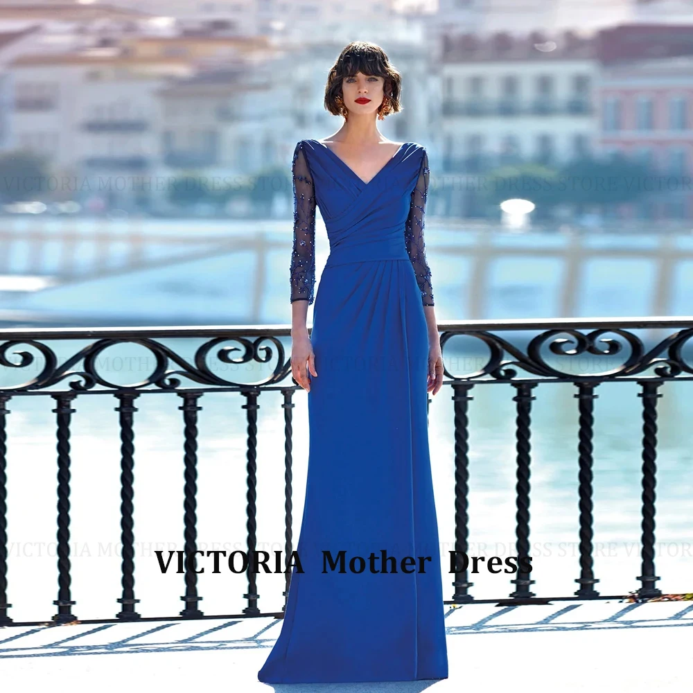 

Customized Elegant Royal Blue Mother of the Bride Dresses V Neck Long Sleeves Wedding Party Gowns Beading Floor Length 2025