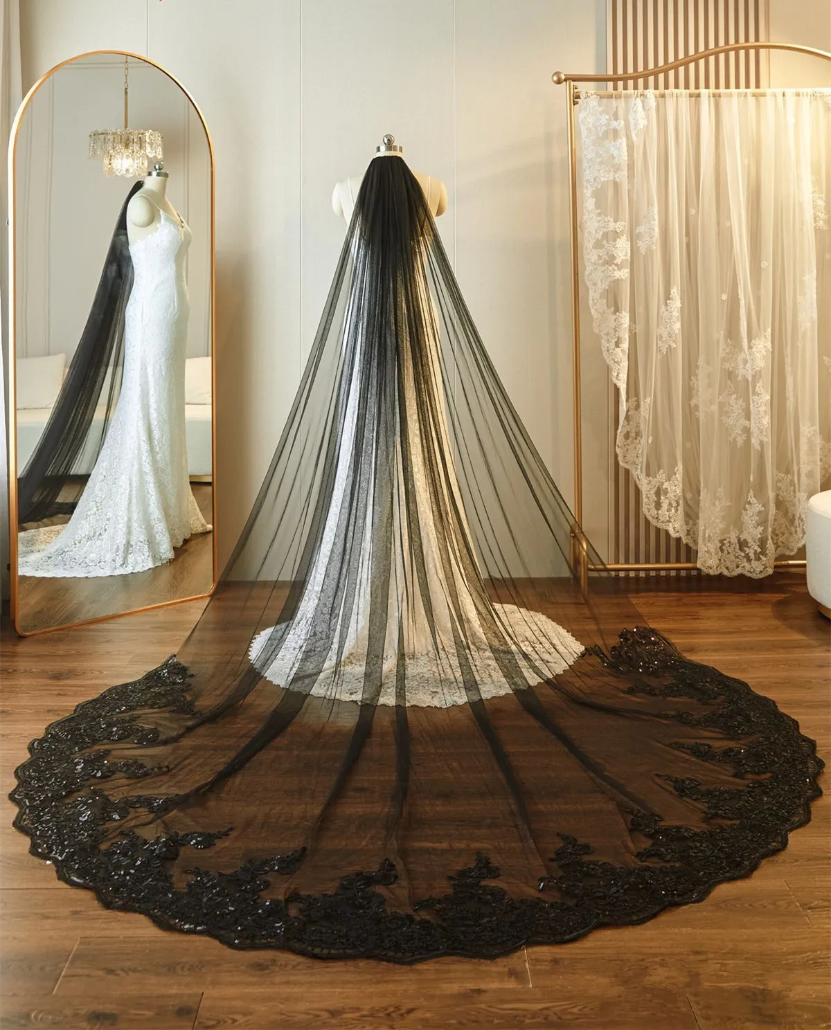 Black Wedding Veil , Lace Cathedral Veil , Long Bridal Veil