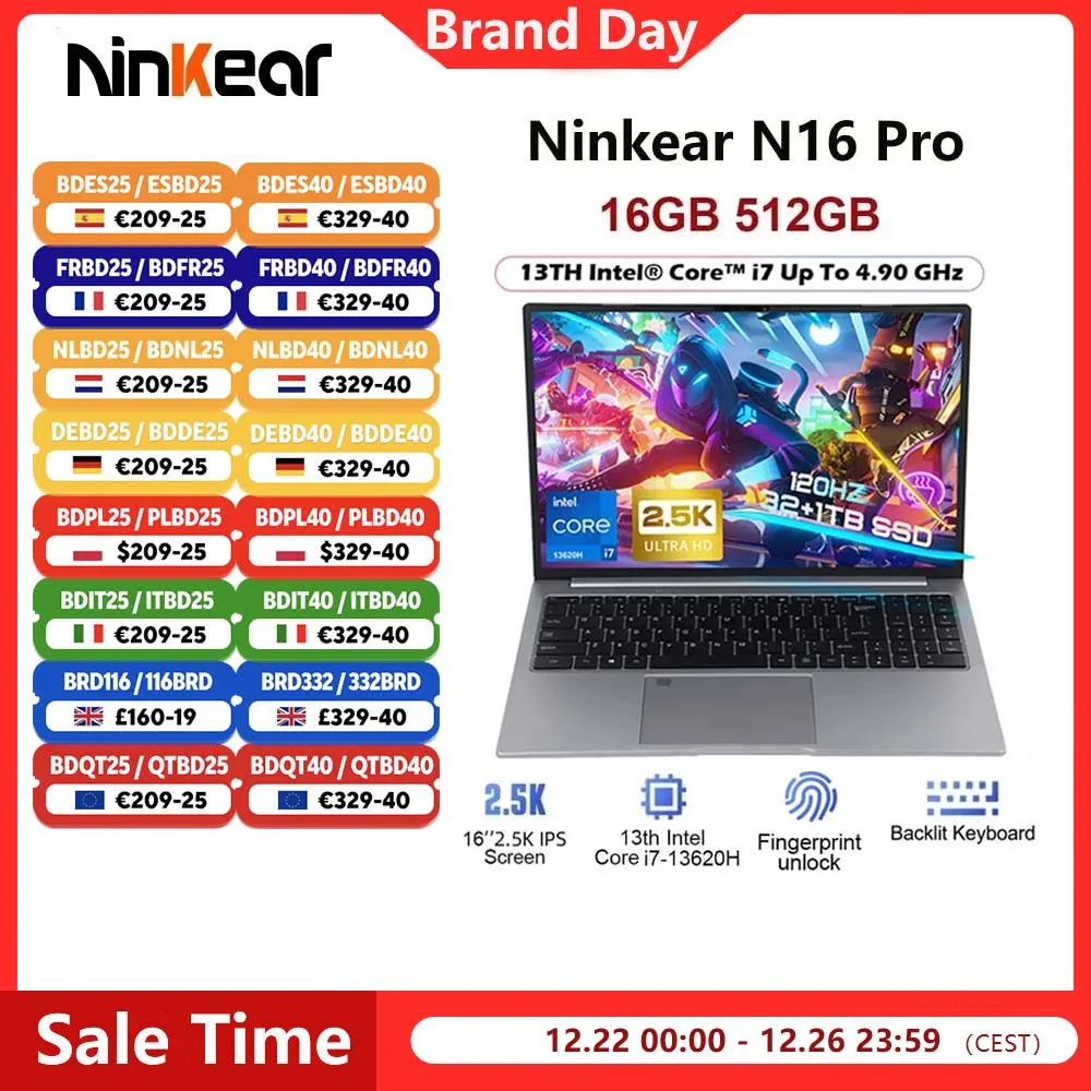 Ninkear N16 Pro ordinateur portable 16GB 512GB 13th Intel i7-13620H 16 ''2.5K IPS 120Hz ordinateur de jeu 57.75Wh déverrouiller par empreinte digitale ordinateur portable