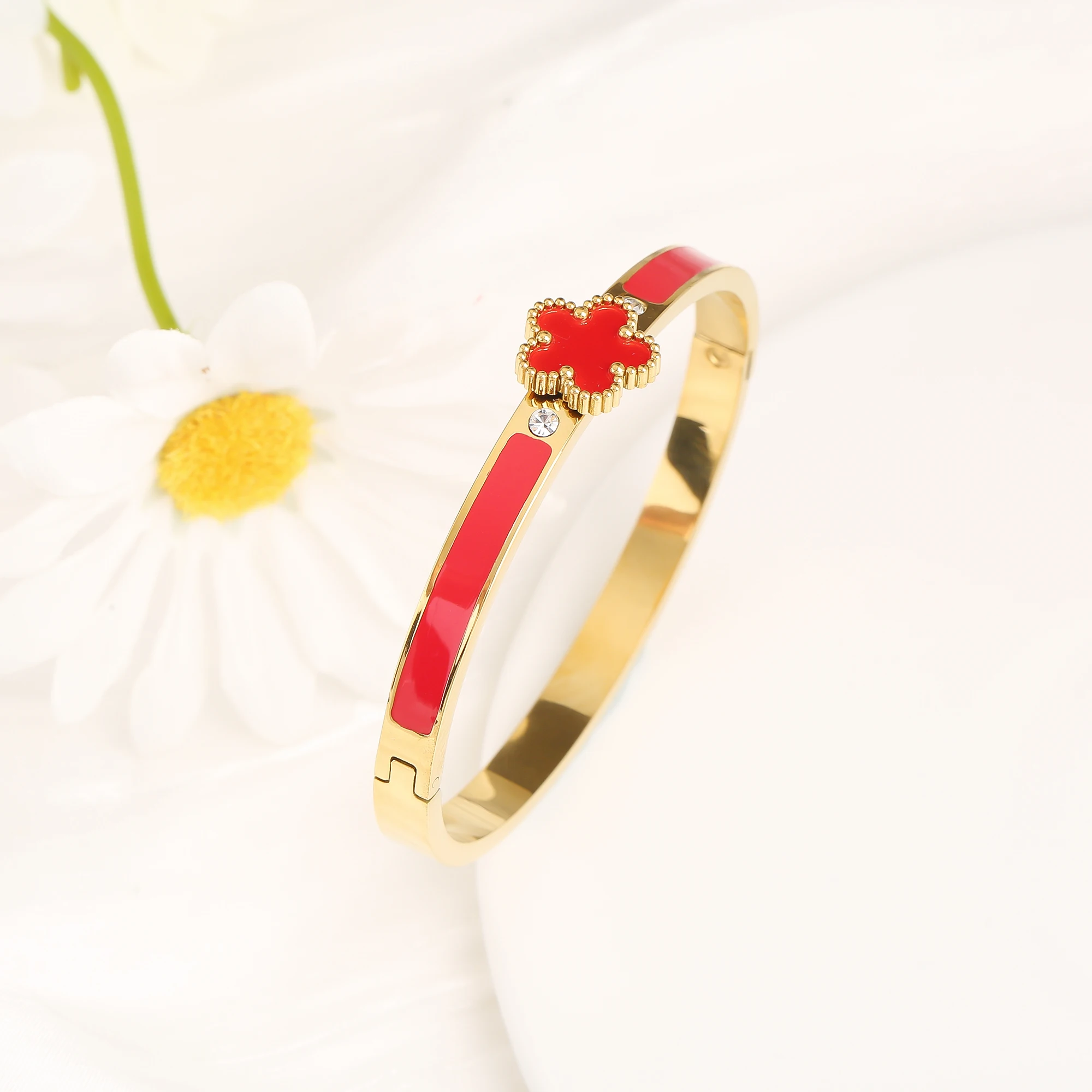 Luxury Five Leaf Flower Open Bangle, Classic Enamel Design