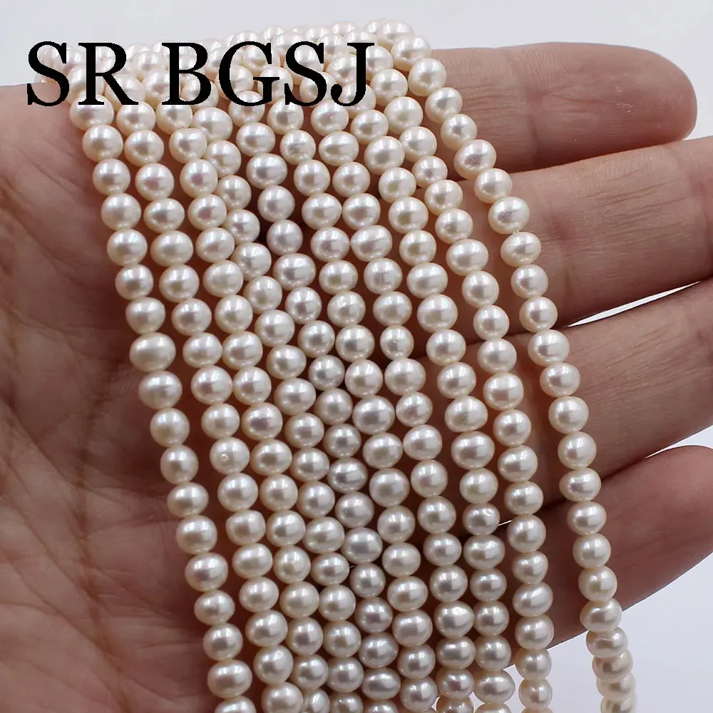 

14inch High Quality 4A Nearly Round 4-5mm White Genuine Real Natural Freshwater Jewelry DIY Pearl Beads