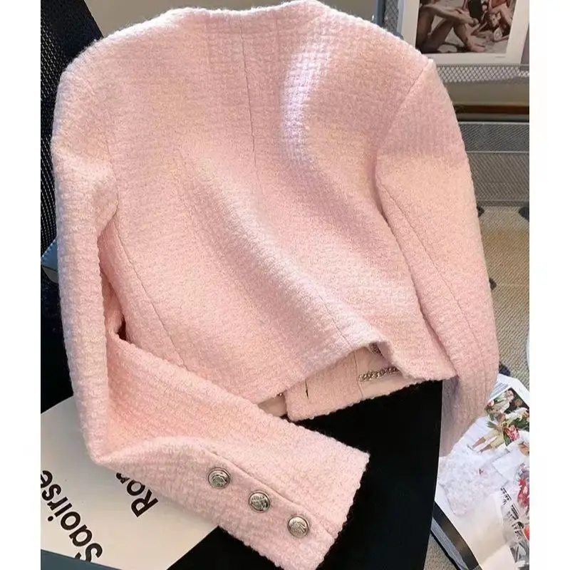 Women Tweed Fragrant Pink Jacke Long Sleeve Single-breasted Winter Autumn Y2K Coat Female Elegant Crop Top Korean 2023 Clothing