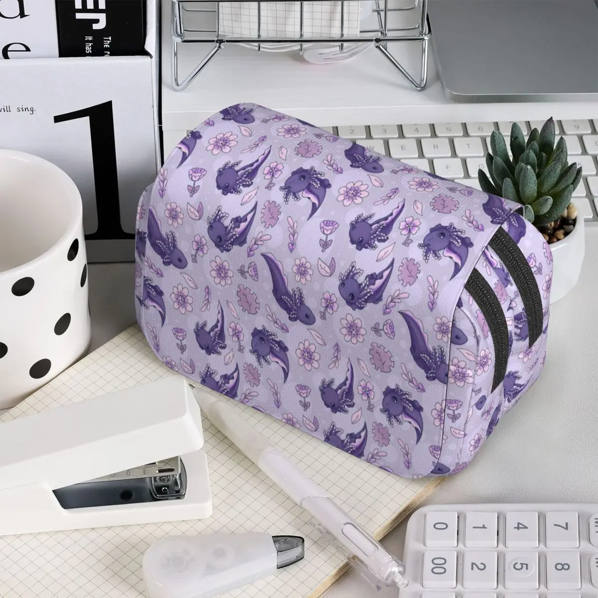 Cute Cartoon Axolotl And Floral Pattern Pencil Case for Studen Gifts Pen Box Pencil Bag Stationery Supplies Pen Holder Bag