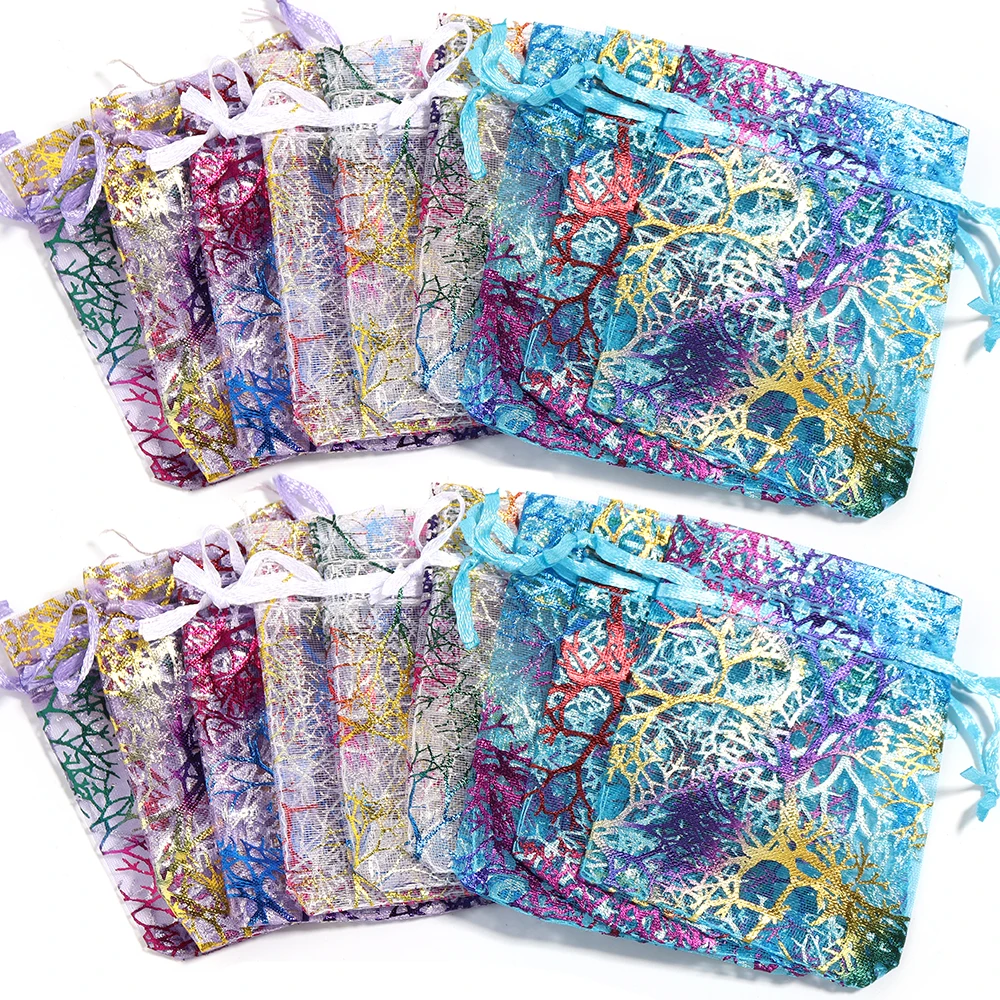 

10Pcs/Lot Multi-size Organza Drawstring Gift Bag Ornament Packaging Colorful Trees Printing Party Wedding Candy Bag Wholesale