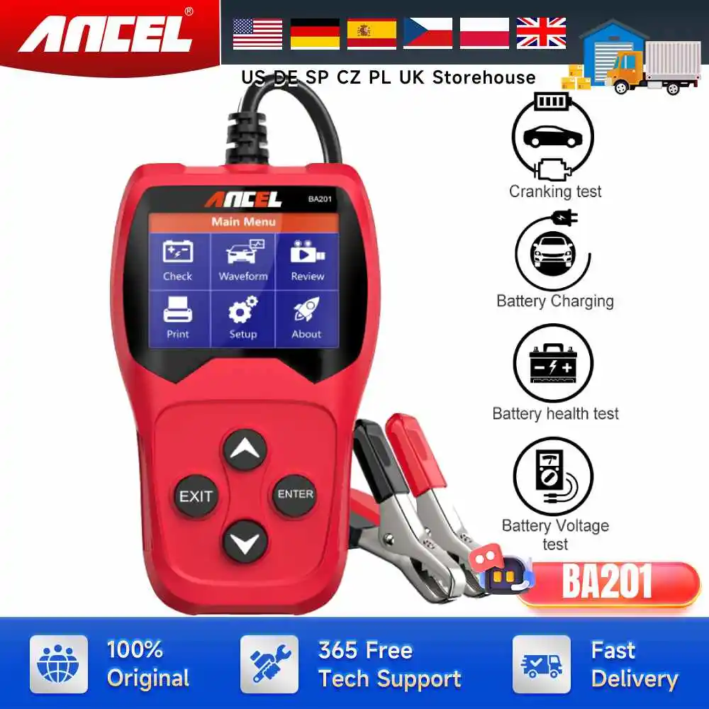 

Ancel BA201 Car Battery Tester Detector 12V 100-2000CCA Cranking Charging Cricut Load Tester Analyzer Scanner Diagnostic Tool