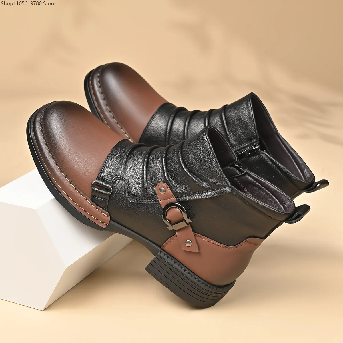 2026 New Retro Short Ankle Boots Side Zipper Color Block Splicing Design Round Toe Comfortable Casual Daily Wear Footwear