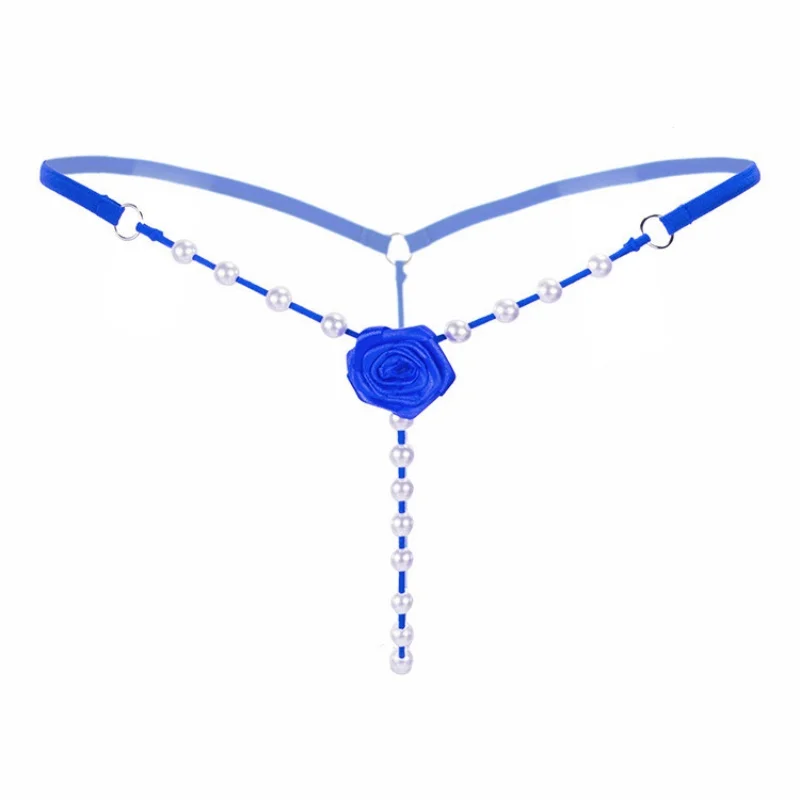 Women Pearl & Rose Decorated Thong Underwear, Low Rise Open Front Transparent Lingerie