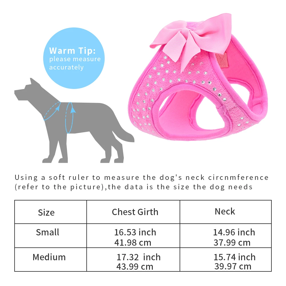 Diamond style soft and comfortable pink bow dog pet chest strap