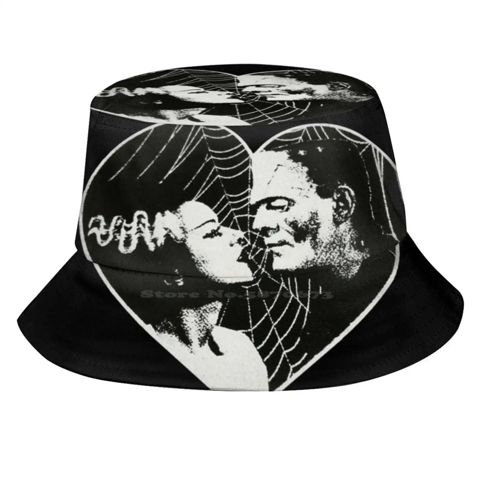 Frankenstein And Bride Goth Emo Heart Sun Cap Fisherman Hat Bucket Hats Monster Creation Frankenstein Bride Black And White Emo