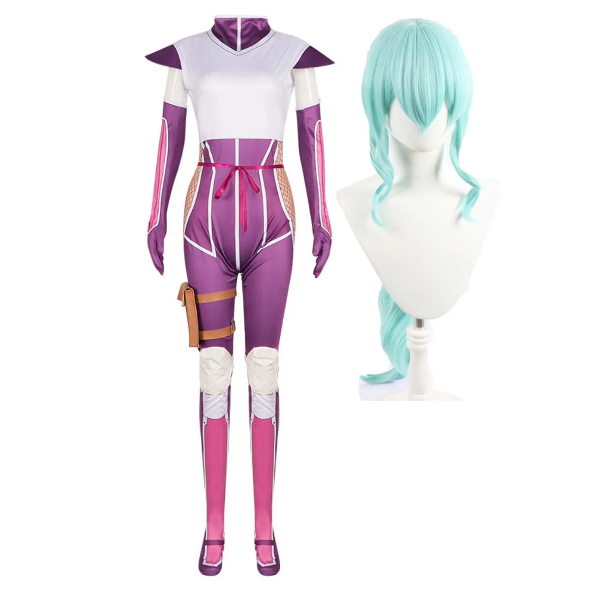 

Women Halloween Dress Up Anime Momochi Ayame Purple Jumpsuit Costume Or Long Green Wig