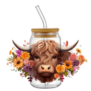 Highland Rinder Kuh Aufkleber Transfer Aufkleber UV Dtf DIY für 16 Unzen Glas Tasse kann einfach zu bedienen benutzer definierte Kuh becher Geschenk Aufkleber verpackt