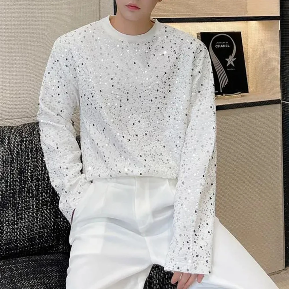 

Mens T-Shirt Sequin Ballroom Tshirt Streetwear Nightclub Stage Performance Fashion Trend Long-Sleeve Top Men'S Clothing 2025 New