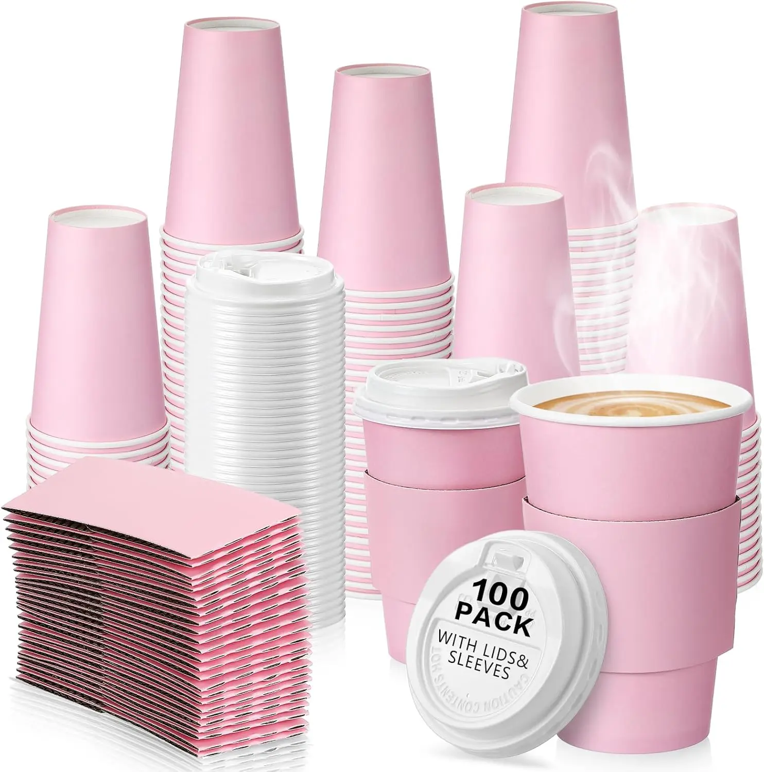 

100 Set 16 oz Disposable Pink Coffee Cups with Lids and Sleeves Set Insulated Disposable Hot Travel Paper Cups for Valen