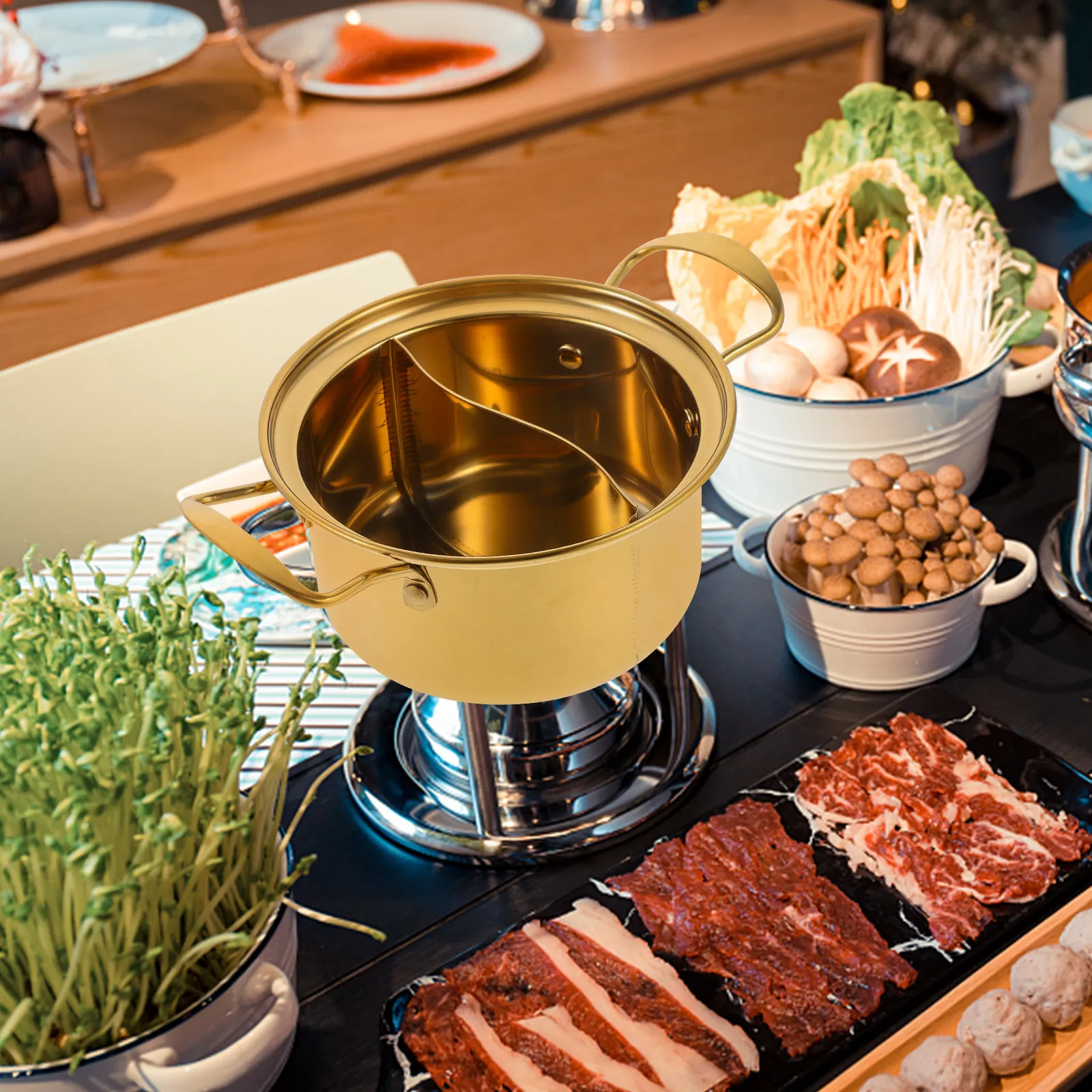 

1pc Golden Small Hot Pot Stainless Steel Soup Pot Double Handle For Kitchen Cooking Stew Noodle Ramen Shabu Cookware