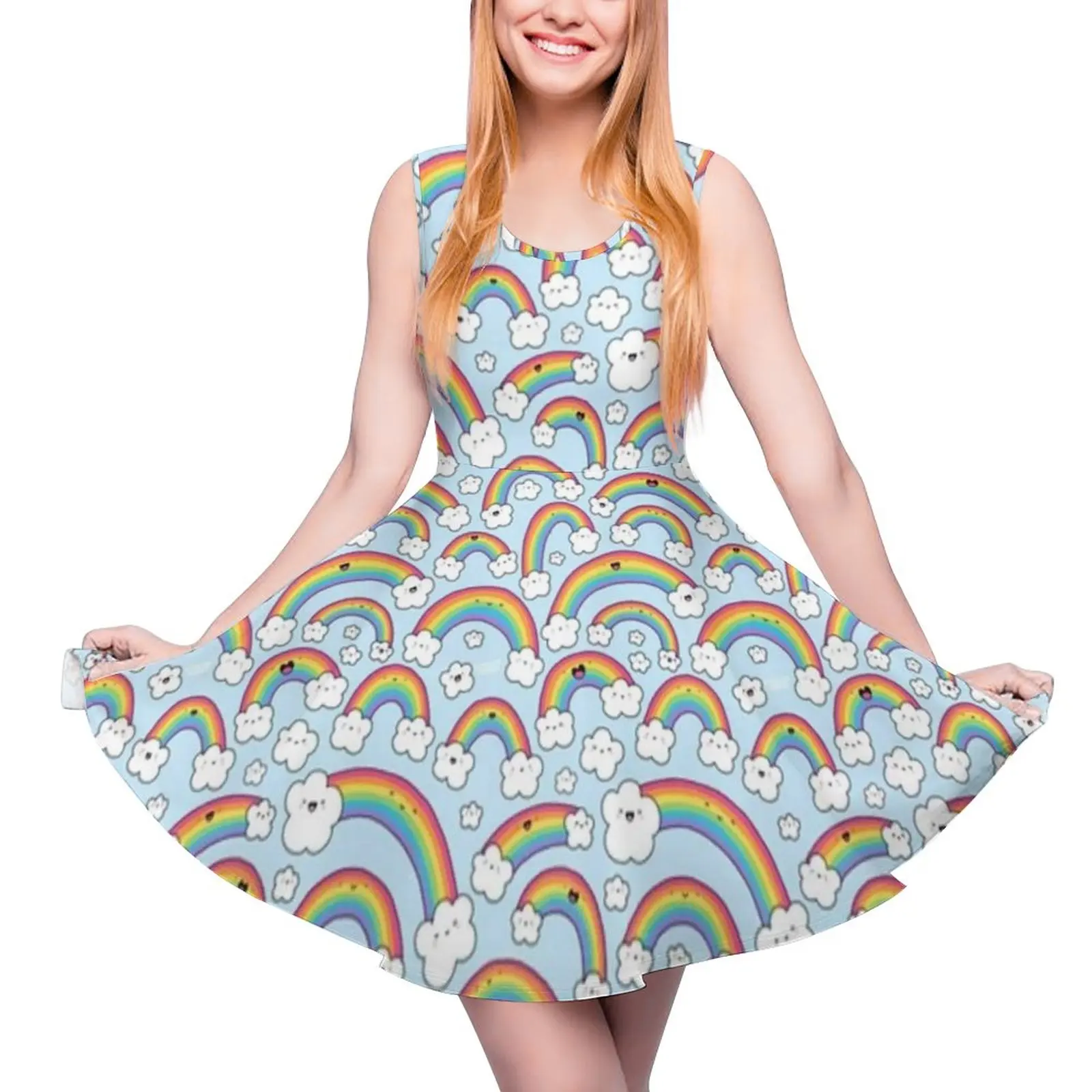 Rainbow Dress Clouds Retro Dresses Girls Printed Disco New One-Piece Dress