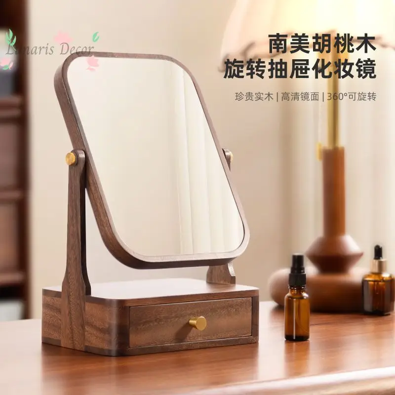 High-definition solid wood mirror, master bedroom makeup mirror, storage box, integrated desktop mirror, rotating