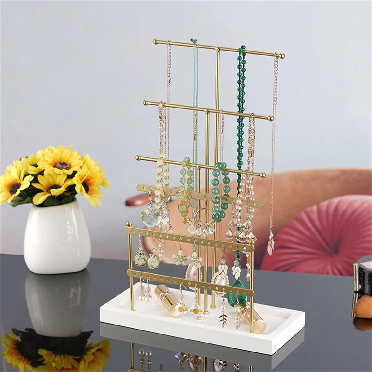 Gold 6-Layer Jewelry Rack Removable Solid Wood Base Ring Storage Box Earring Jewelry Rack Necklaces Rings Jewelry Box