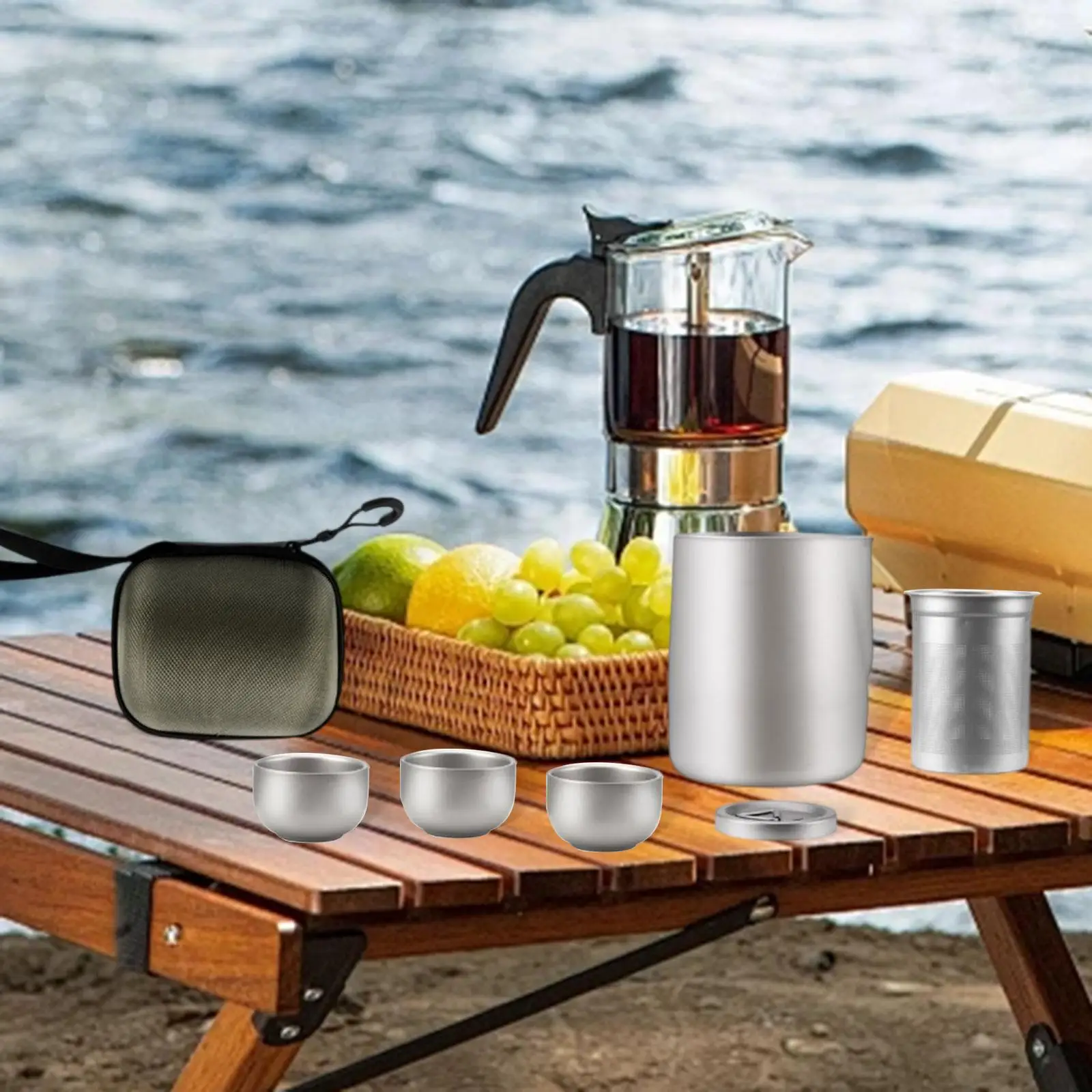 Portable Titanium Plated Tea Set with Teapot Strainer Chinese Camping Hiking Compact Teaware for Travel Home Office