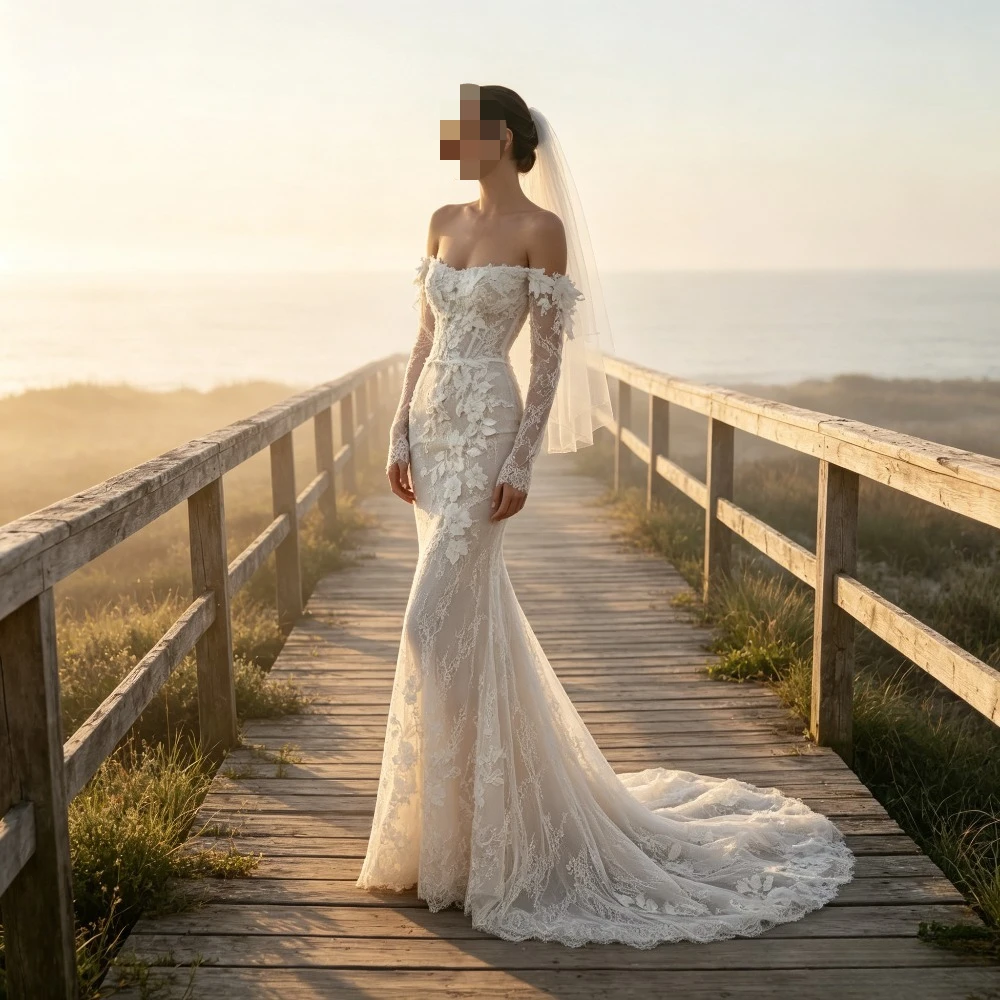 Customized Light Luxury Off Shoulder Long Sleeved Lace Wedding Dress 2026 New Elegant Floral Decal Trailing Mermaid Bridal Gown