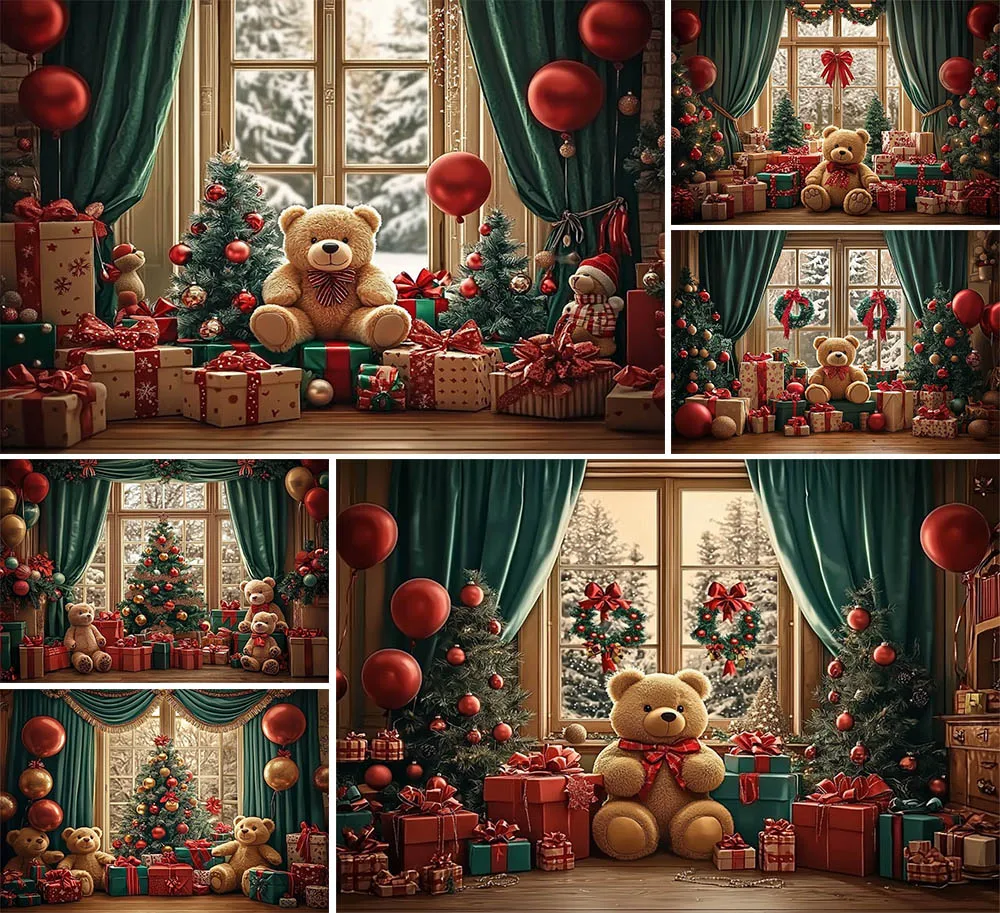 

Mehofond Christmas Toy Bear Backdrop Family Holiday Portrait Baby Shower Background Window Curtain Decor Photography Photoshoot