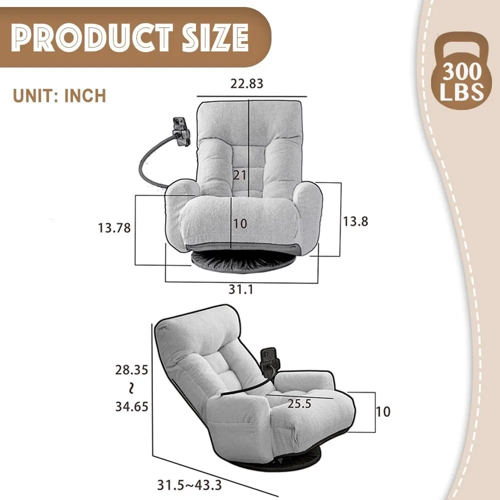 Floor Chair with Back Support, Swivel Gaming Chair with 5 Adjustable Position, Meditation Chair with Phone Holder-Linen Grey