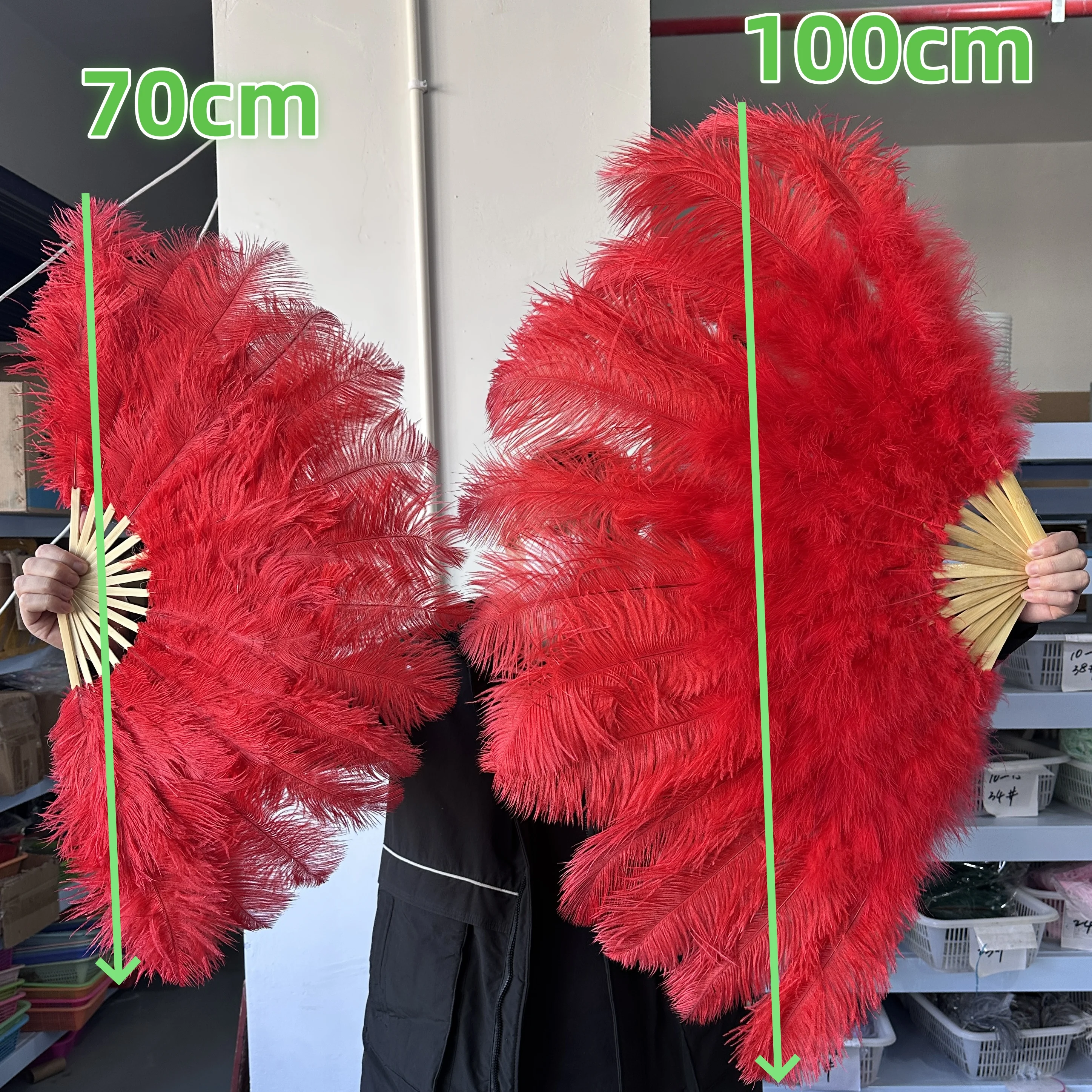 70/100cm Flauschiger Echter Roter Straußenfeder-Fächer 13-Knochen Premium Mehrfarbige Federn für Tanz, Festival, Bühne, Party-Dekoration und Accessoires