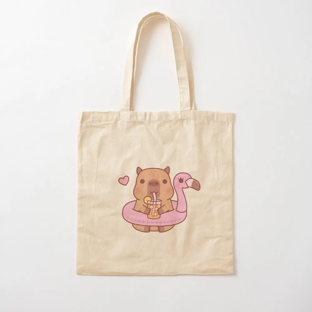 Cute Capybara With Flamingo Pool Float For Summer Tote Bag Handbags canvas bags Portable shopping bag canvas tote bags