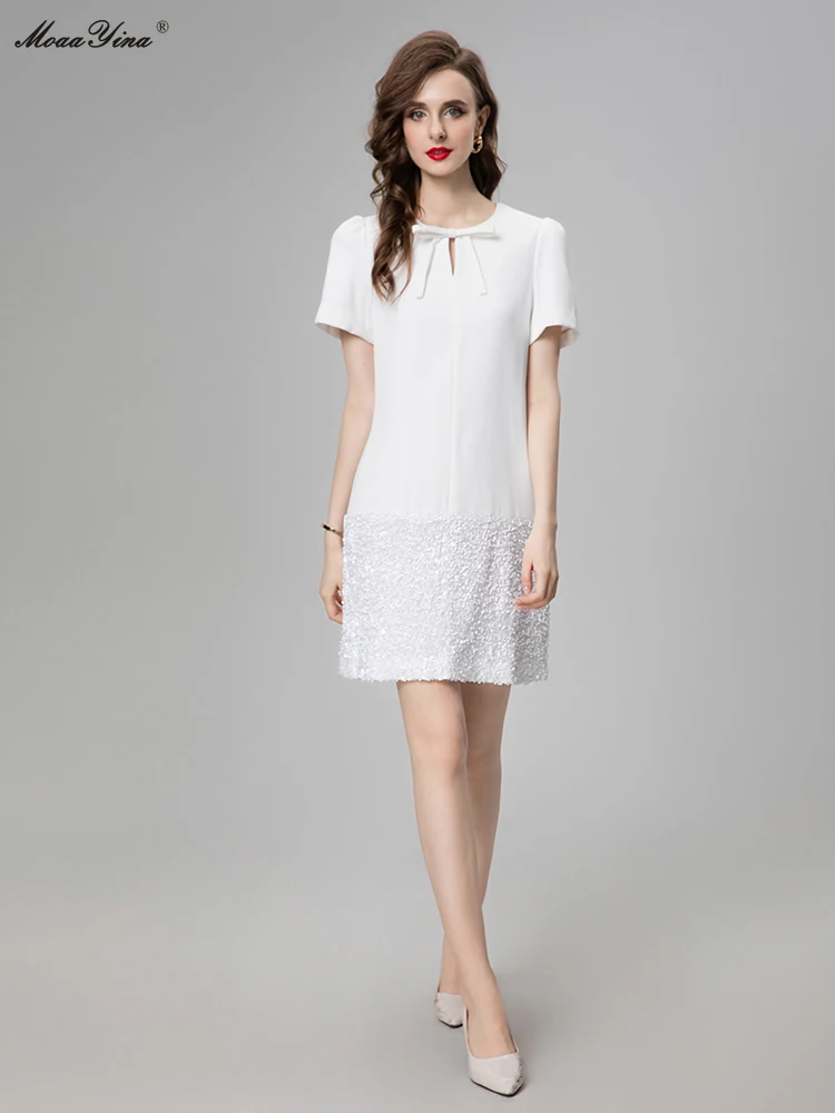 

MoaaYina Summer Fashion Runway New Designer O-Neck Collar Flocking Solid White Black Elegant Office Lady Mini A-LINE Dress