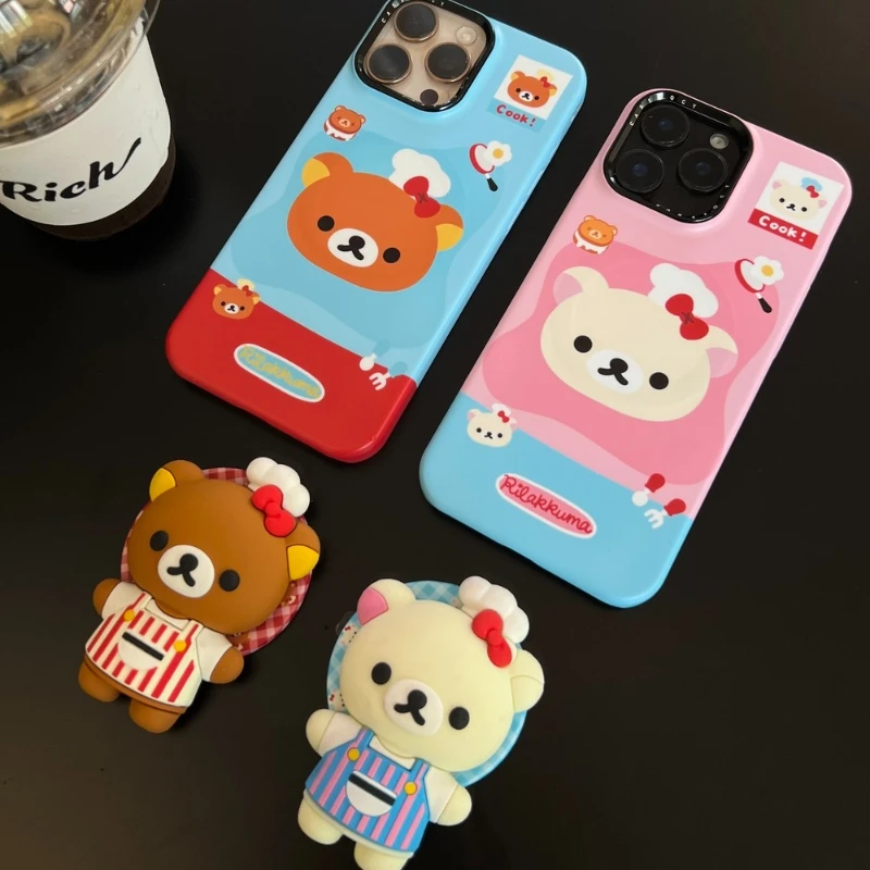 3D Nette Cartoon Rilakkuma Bär Magnetische Griff Halter Magsafe Drahtlose Lade Telefon Fall Für iPhone 17 16 15 14 13 Pro max Abdeckung