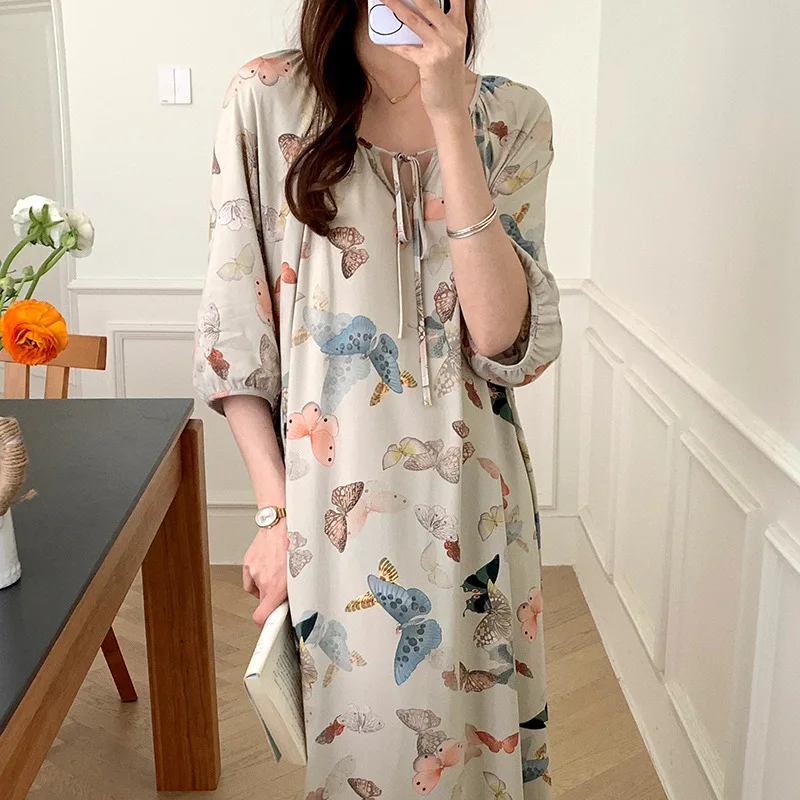 National Wind Temperament Medium-Sleeved Nightgown Female Summer Loose Large Size Temperament Senior Sense Dress Seaside Holiday